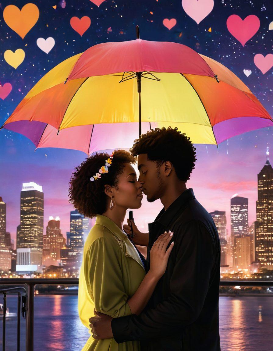 A diverse couple of LGBTQ individuals embracing each other under a protective umbrella, surrounded by symbols of love and security such as hearts and a shield. A city skyline in the background represents community support, while warm, inviting colors create a sense of safety and togetherness. Soft, ethereal lighting enhances the affectionate atmosphere. super-realistic. vibrant colors. warm background.