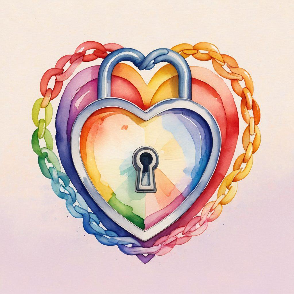 A heart-shaped lock symbolizing security, intertwined with rainbow-colored chains, representing LGBTQ+ love and protection. In the background, a soft gradient echoing the colors of the pride flag to accentuate the theme of inclusivity. Gentle, hand-drawn style with warm, inviting tones that evoke a sense of safety and belonging. Include subtle icons of insurance like a shield or checkmark. watercolor illustration. vibrant colors.