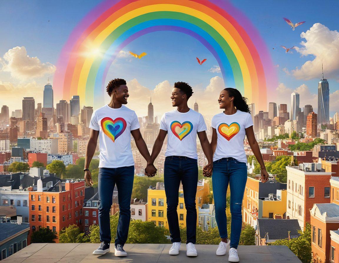 A joyful same-sex couple building a colorful future together, surrounded by symbolic elements of love and unity, like hearts and rainbow motifs. They are hand-in-hand, standing over a vibrant city skyline, with a bright sun shining above, representing hope and happiness. The scene includes a variety of supportive community symbols and diverse characters sharing joy in the background. super-realistic. vibrant colors. sunny atmosphere.